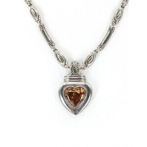 Amber Heart Silver Tone Chunky Victorian Goth Style Pendant Beaded Necklace